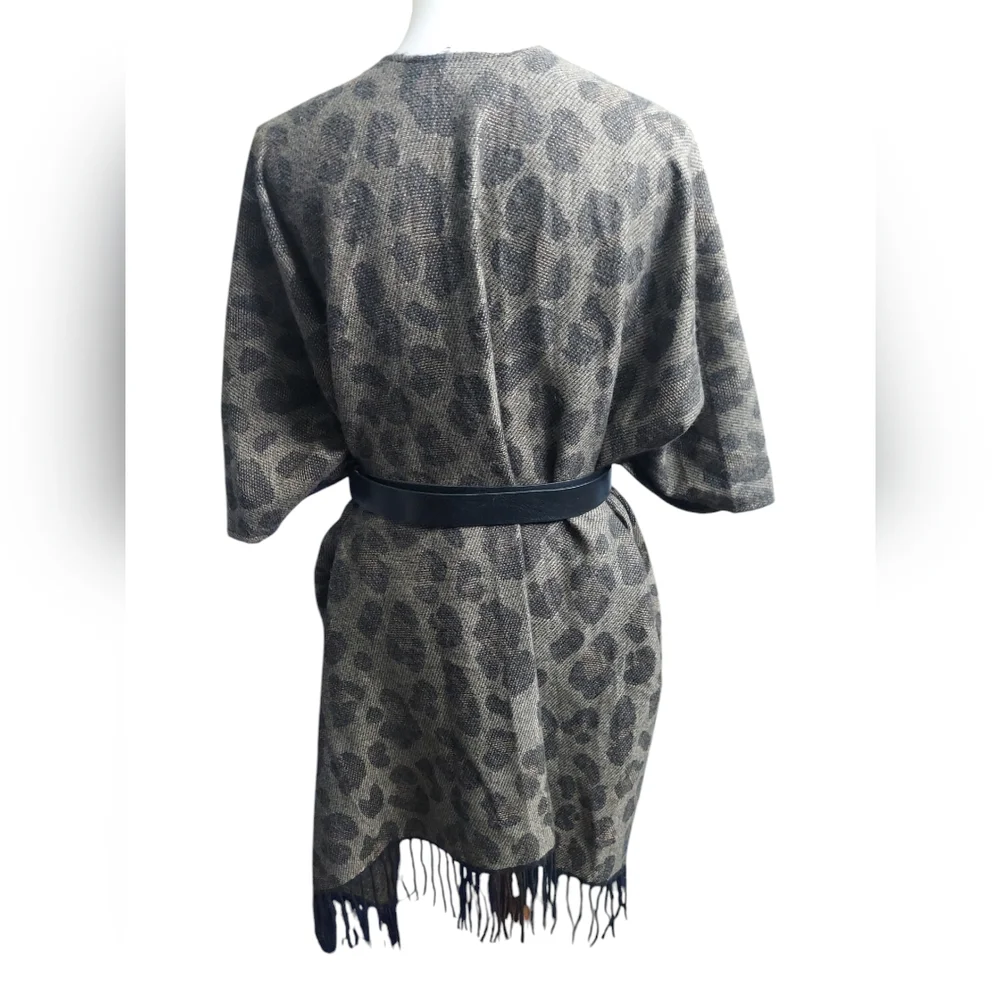 Woolrich Leopard Print Poncho Fringe One Size